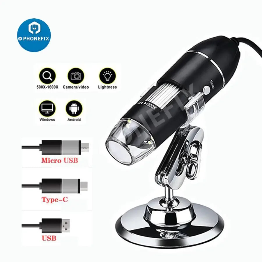 USB digital microscope camera with 8 LED lights, magnifier, and stand by PHONEFIX for detailed close-up inspection.