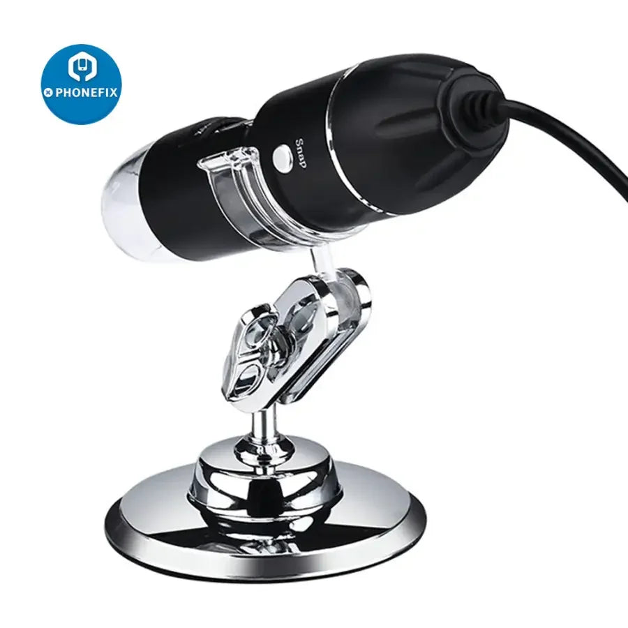 USB digital microscope camera with 8 LED magnifier and stand, showing detailed view of the microscope for phonefix.