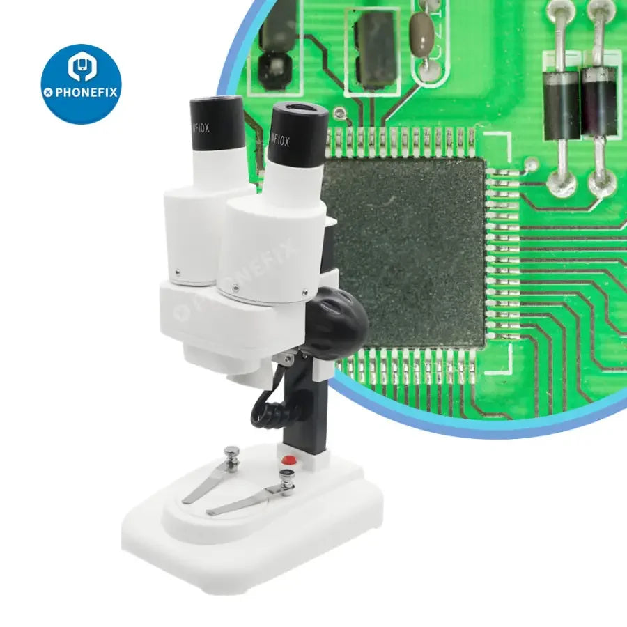 PhoneFix 20x-40x binocular stereo microscope for PCB soldering observation, featuring adjustable magnification and dual eyepieces.