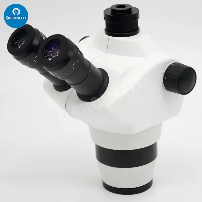 Simul-focal 8X-50X industrial trinocular stereo microscope with lens, black and silver, displaying eyepieces and focus knobs.