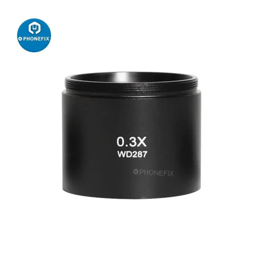 PhoneFIX auxiliary lens adapters for stereo zoom microscopes, includes 0.5X, 0.7X, and 2.0X magnification accessories.