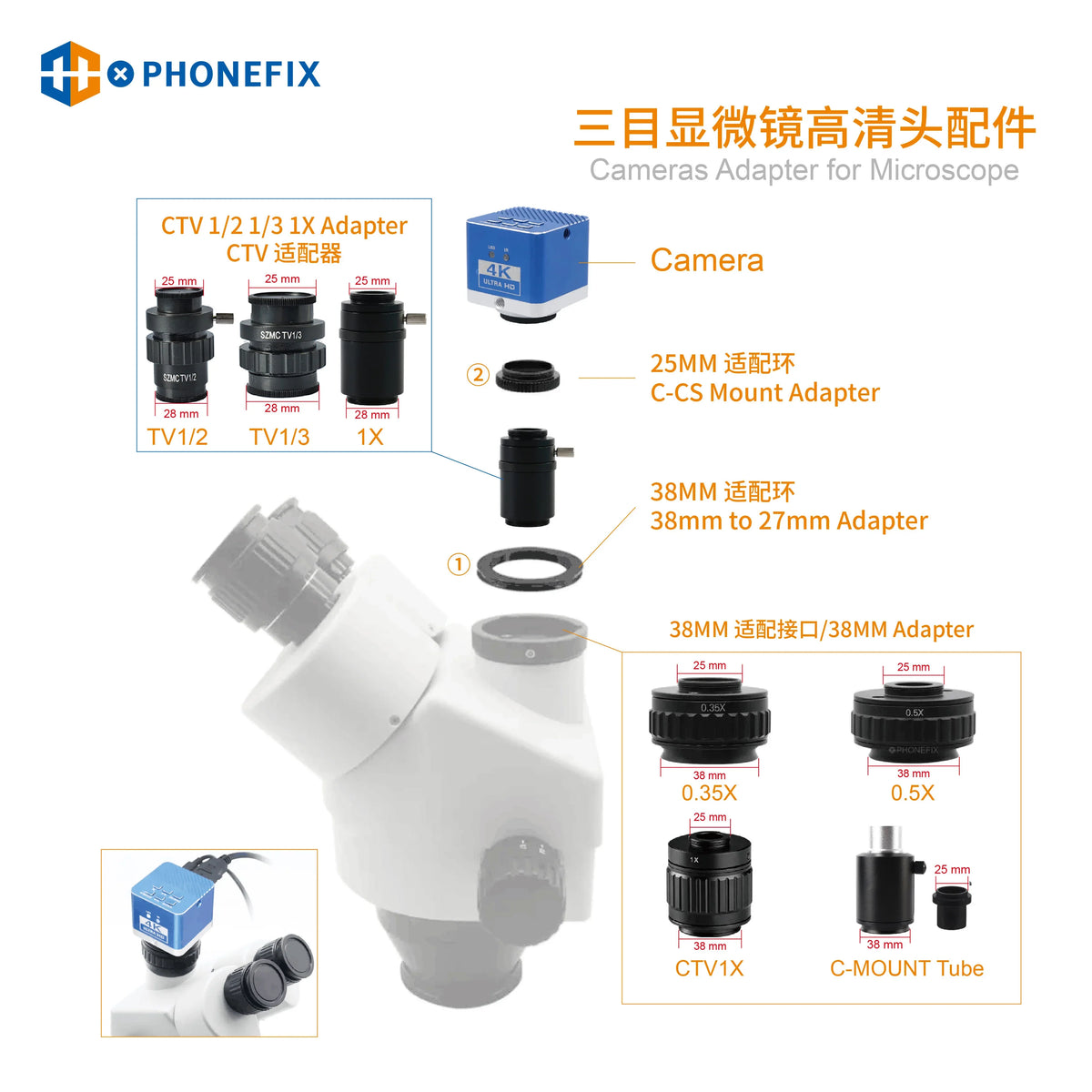PhoneFix CTV 0.35X 0.5X C-mount adapter for trinocular microscopes, accessory for enhanced imaging and focus adjustment.