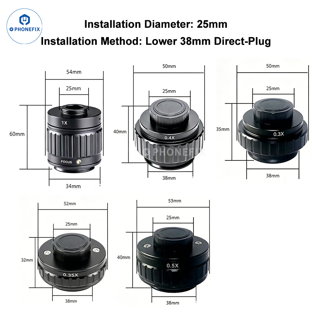 Phonefix CTV 0.35X 0.5X C-mount adapter for trinocular microscopes, used as a versatile microscope accessory.