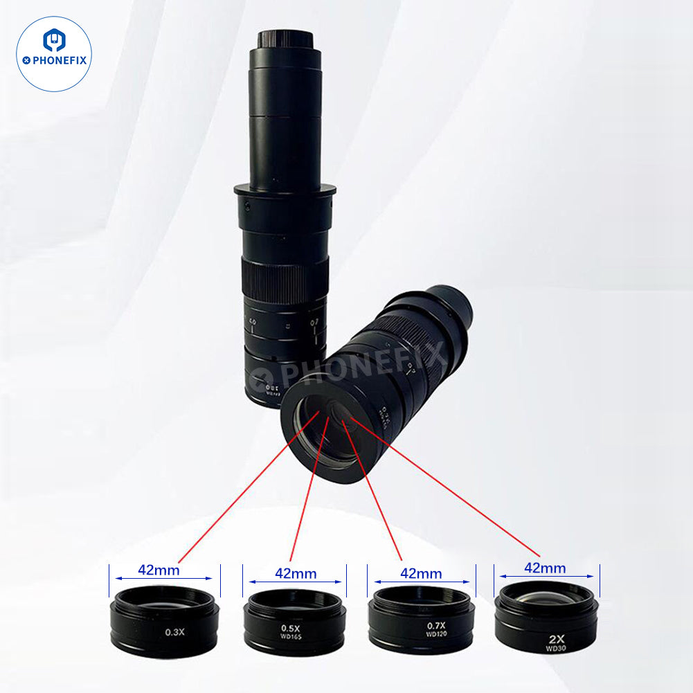 PhoneFix Barlow objective lens for 10A microscopes, compatible with C-Mount industrial microscope cameras, 180X to 300X magnification.