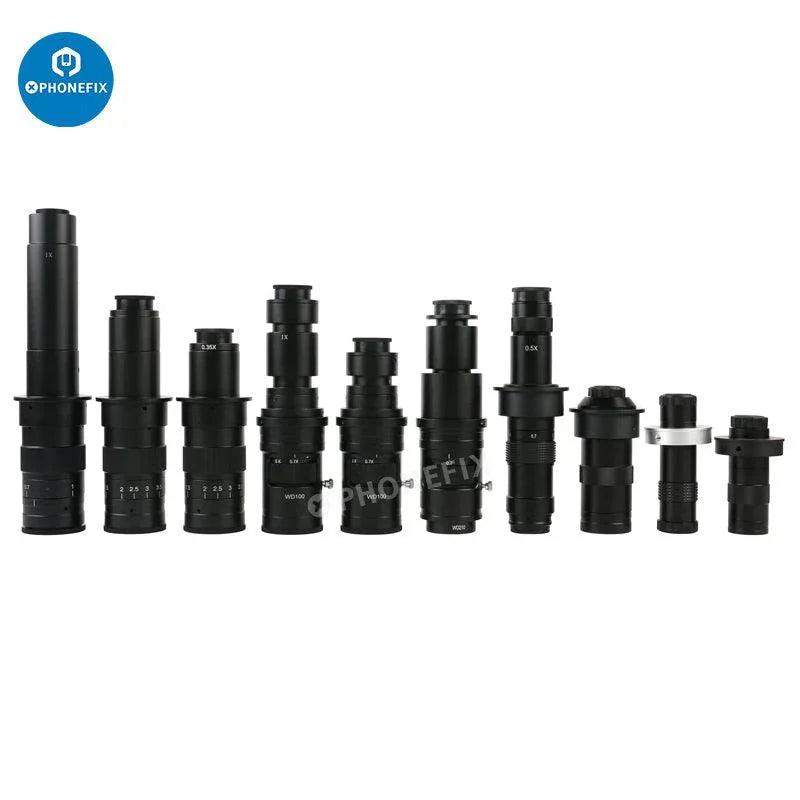 Adjustable zoom C-mount glass lens adapter for microscope cameras by PHONEFIX, showing the compact, adjustable lens on a microscope setup.