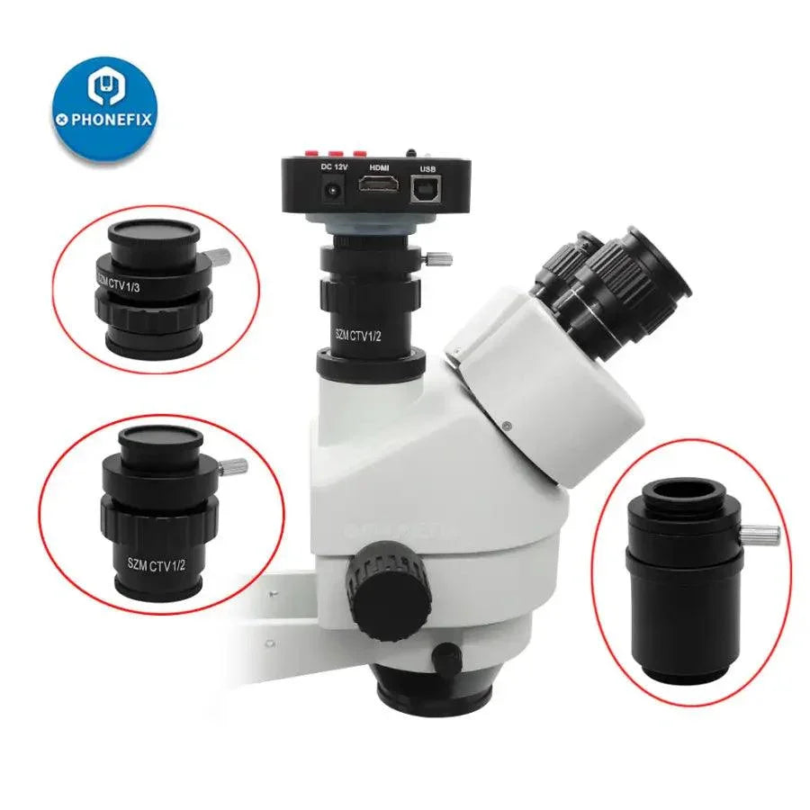C-Mount Lens 0.35X 0.5X TV1/2 1/3 CTV Adapter for stereo microscope, shown attached to microscope setup for enhanced viewing.