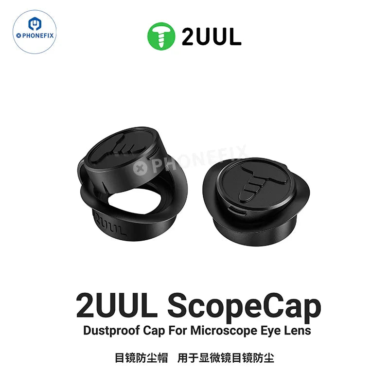 PHONEFIX 2UUL ScopeCap microscope eyepiece dustproof cap, accessory for microscope protection, shown on microscope eyepiece in close-up.