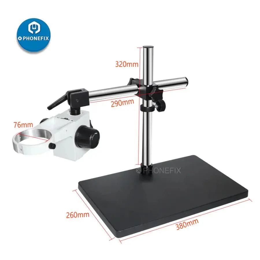 Adjustable stand bracket holder arm for stereo microscope, compatible with PHONEFIX microscope accessories, shown in black.