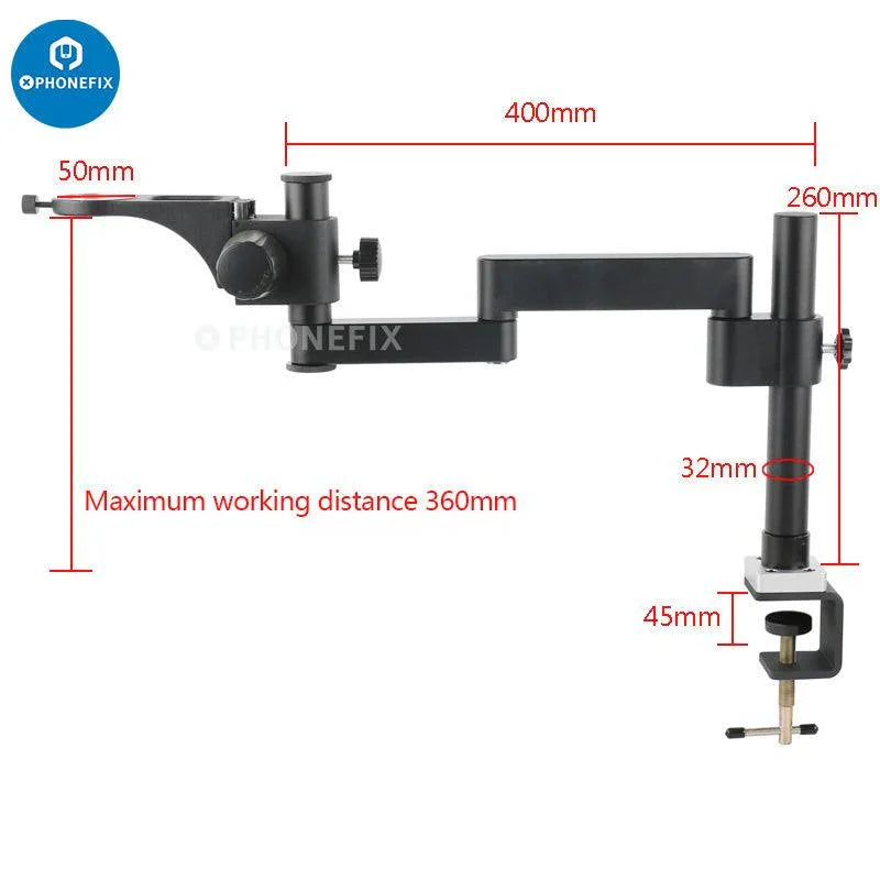 Portable articulating arm stand for microscope focusing rack, designed as a PHONEFIX microscope accessory for precise adjustments.