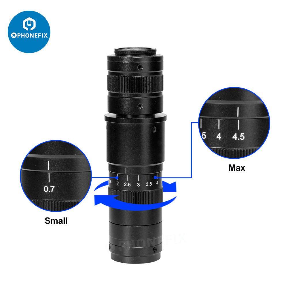 C-Mount zoom lens from PHONEFIX for electronic microscopes and HDMI cameras, featuring 0.7x to 4.5x magnification.