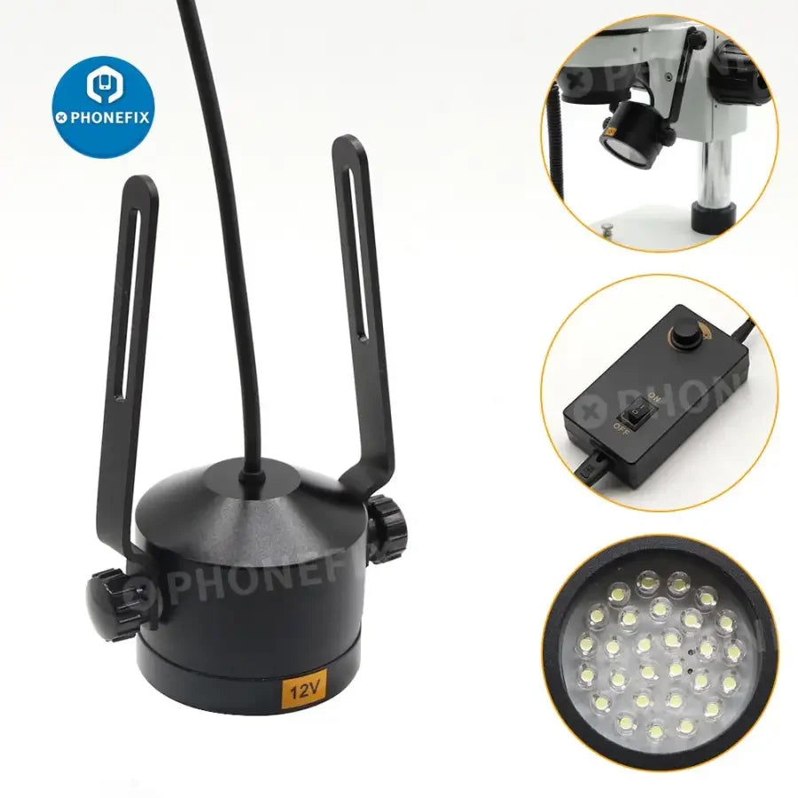 PhoneFix 28 LEDs slant ring light illuminator for stereo microscopes, providing focused oblique lighting for detailed microscopy.