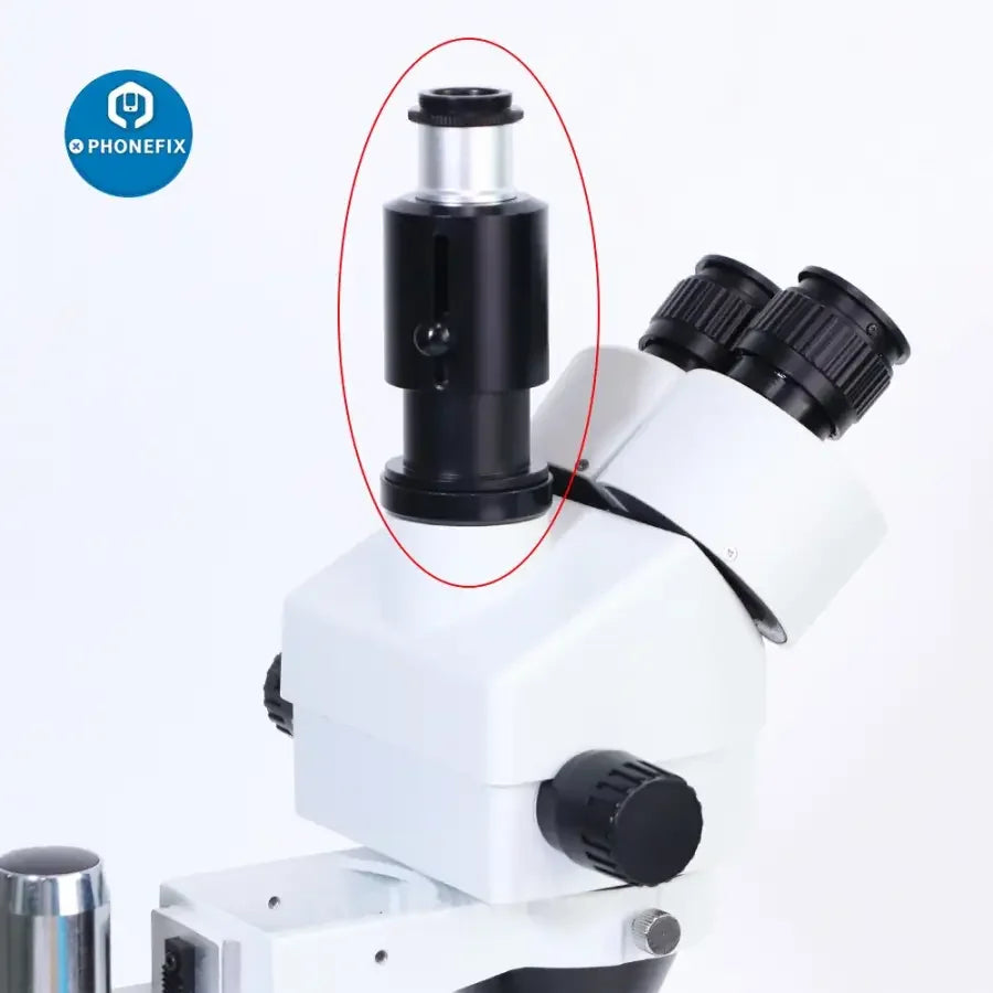38mm industrial camera adapter with 23.3mm C-mount for microscope cameras, compatible with PHONEFIX microscope accessories.