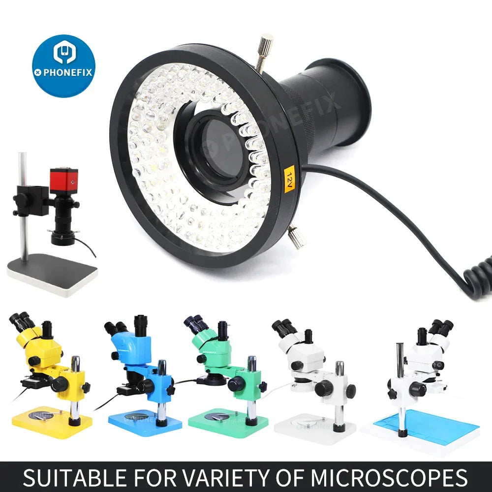 PHONEFIX 96 LEDs microscope ring light illuminator lamp with side light and adapter for microscope accessories.