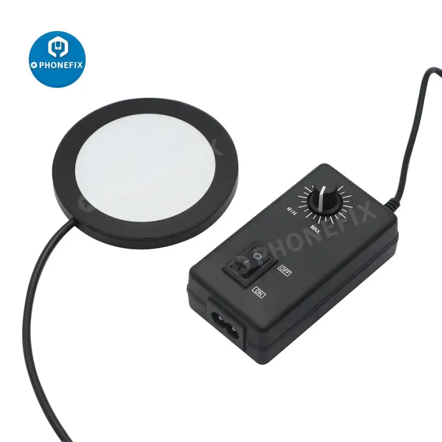 Adjustable ring LED bottom light source for microscopes, PHONEFIX microscope accessory, provides focused illumination for detailed viewing.