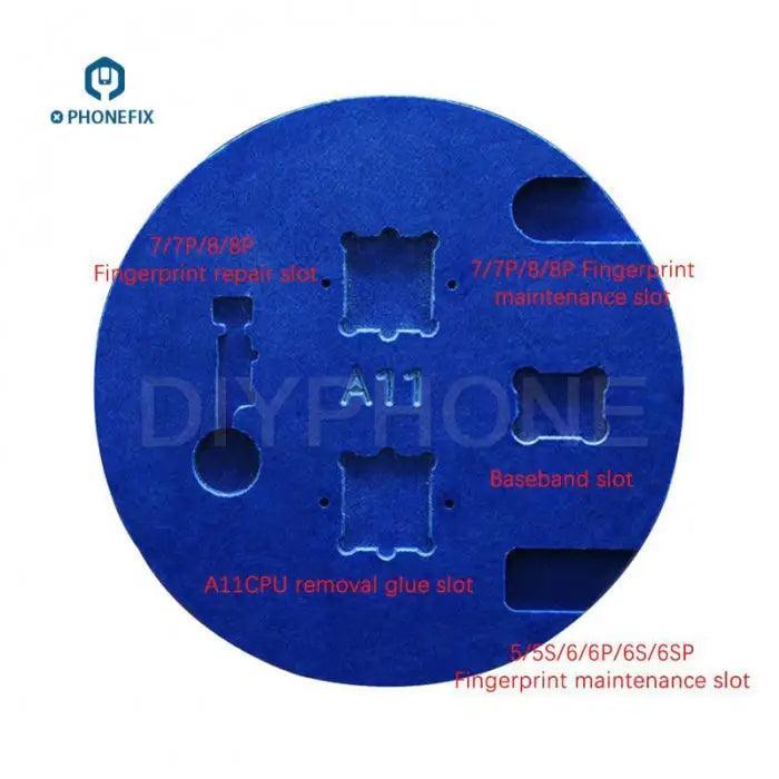 Double-sided microscope slot base for iPhone CPU soldering repair, PhoneFix brand, used for precise component positioning during repairs.
