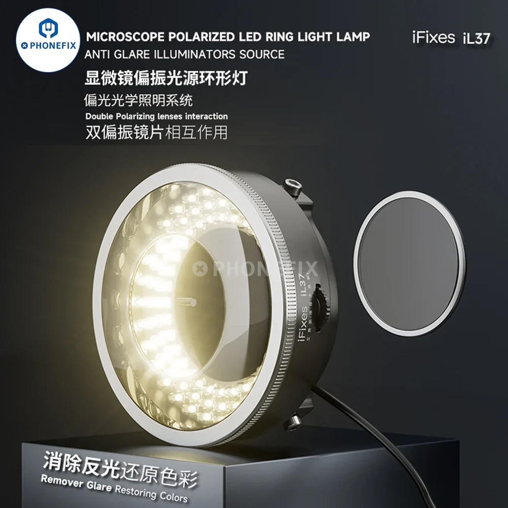 iFixes iL37 microscope illuminator with polarized ring light and 96 LEDs, compatible with PHONEFIX microscope accessories.