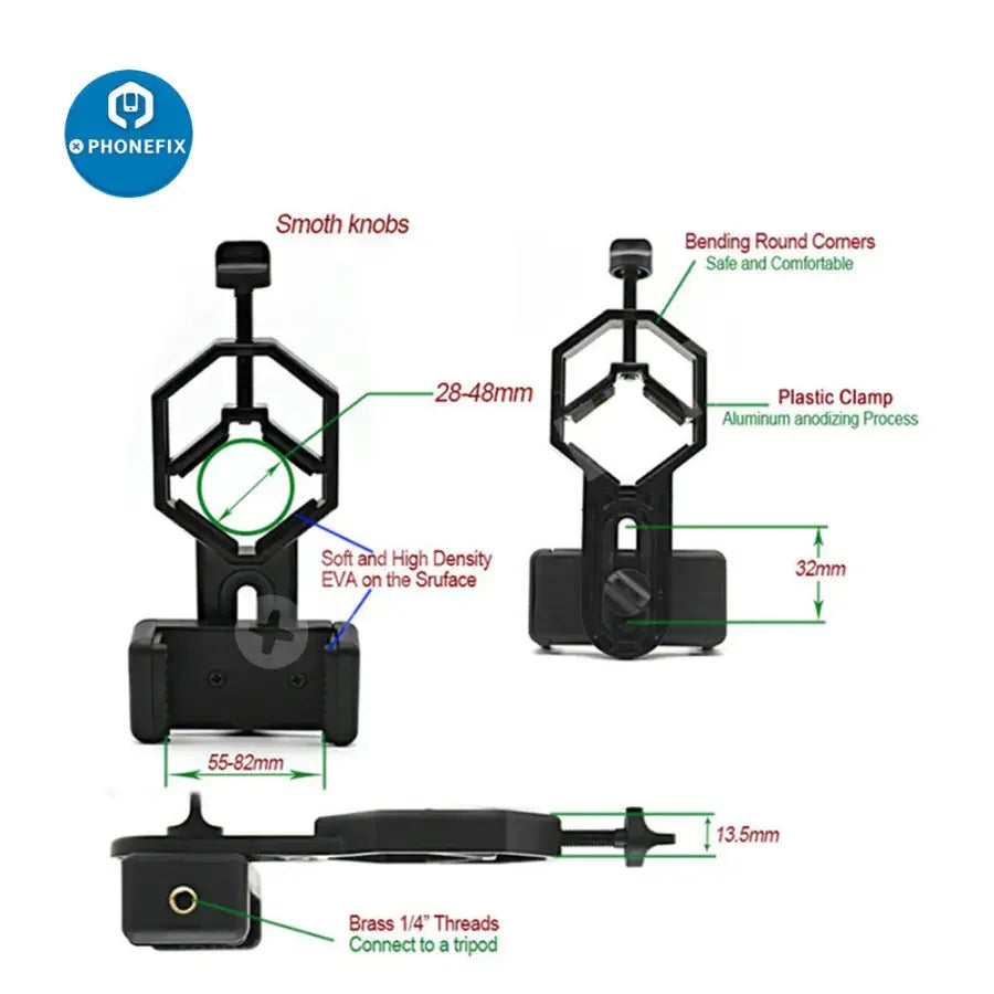 PHONEFIX adjustable phone adapter mount for microscope clips, featuring a sturdy bracket stand holder for secure mounting.