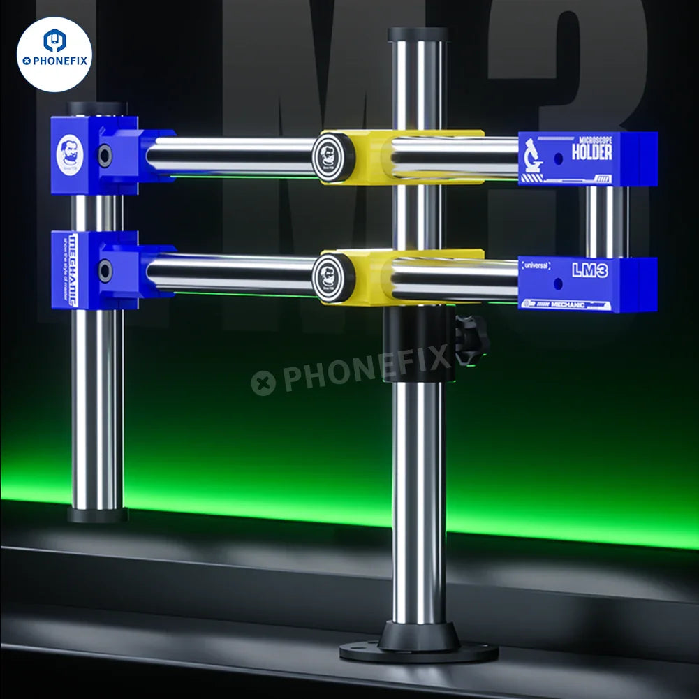 PHONEFIX MECHANIC LM3 360° universal double arm bracket for microscopes, adjustable microscope accessory with metal arms.