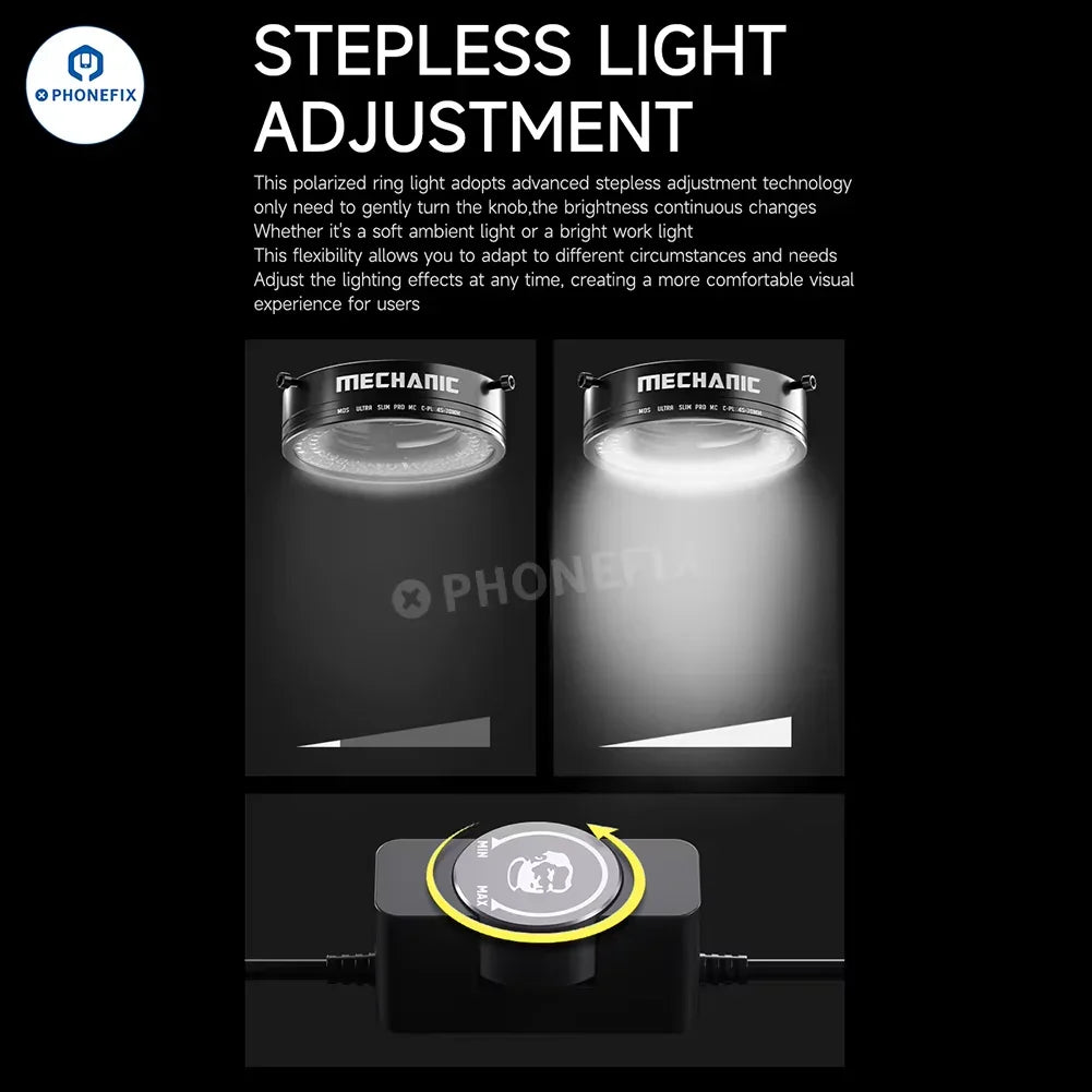PHONEFIX Mechanic LS720+ Adjustable Microscope Polarization Ring Lamp for enhanced illumination and viewing detail in microscopy.