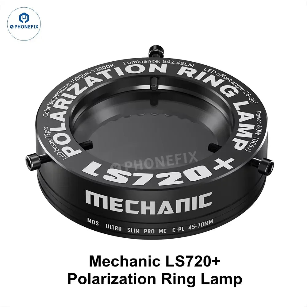 PhoneFix LS720+ adjustable microscope polarization ring lamp with focus adjustment and bright illumination for precise microscopy.