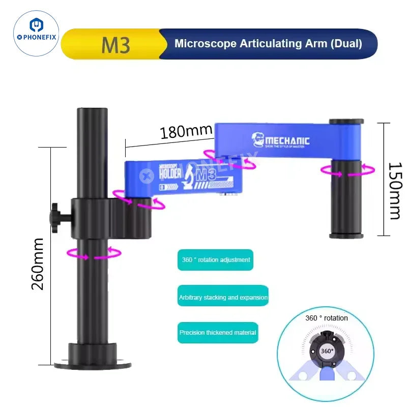 PhoneFix MECHANIC M2 M3 Microscope Swing Arm Aluminum Alloy Bracket for microscope accessories, displayed on a white background.