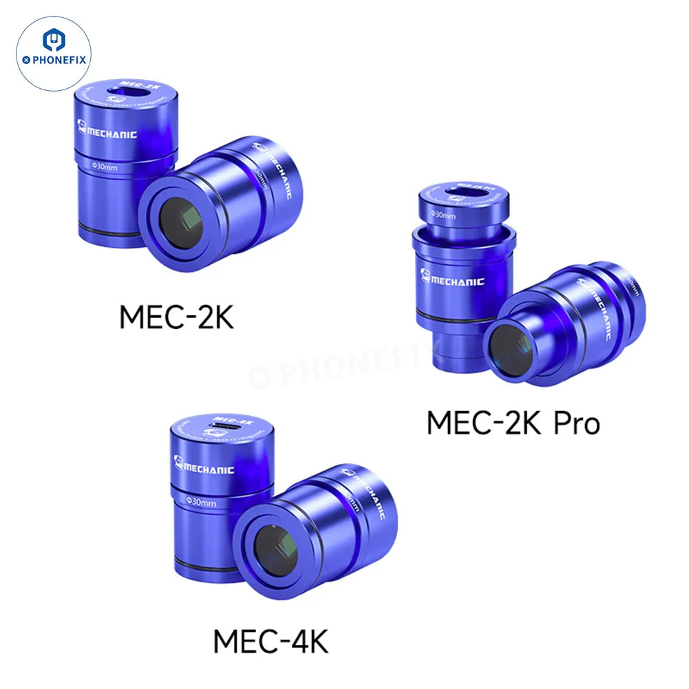 PhoneFix MECHANIC MEC 4K 2K HD electronic eyepiece camera for stereo microscopes, with multiple connection ports and control buttons.