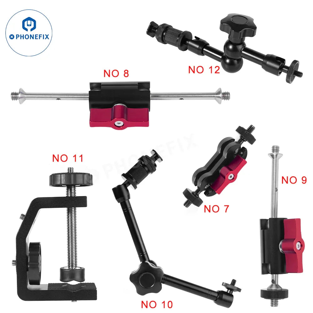 PHONEFIX 1/4 screw hole magic arm fixed bracket clamp for microscope accessories, with super pliers design for secure mounting.