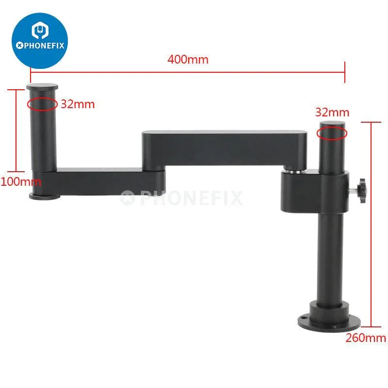 PhoneFix articulating arm clamp and microscope bracket with 50/76mm focusing holder for stable microscopy accessories.