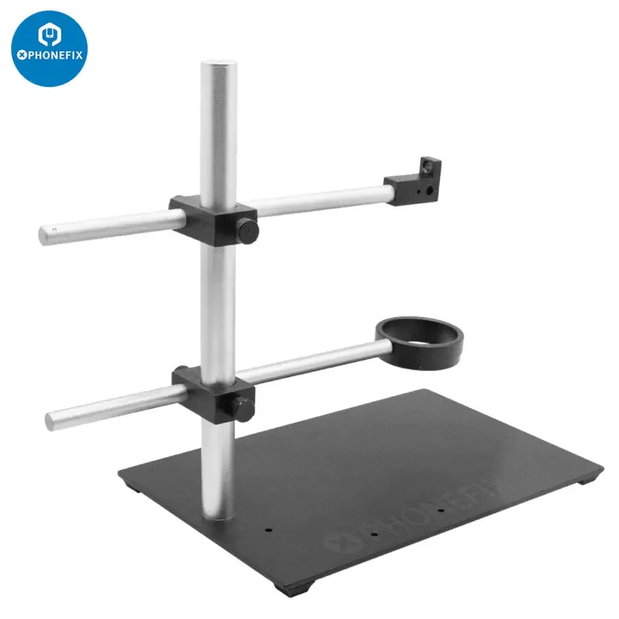 Adjustable dual-arm metal boom stand for microscope camera, PhoneFix microscope accessories set with flexible holding arms.