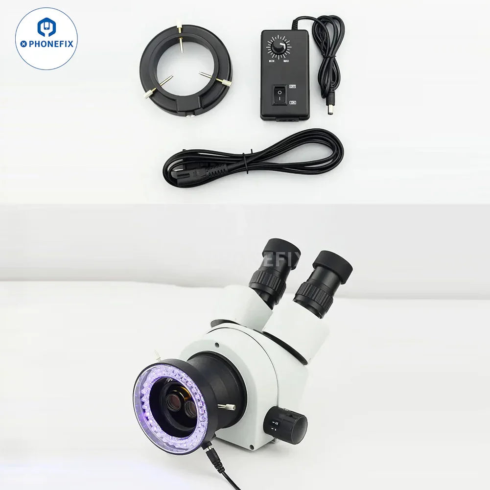 Purple LED UV light ring lamp with adjustable brightness, designed for stereo microscopes and microscope accessories.