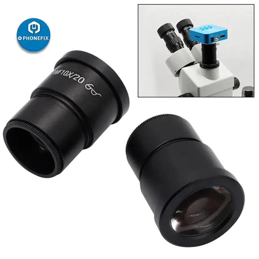 PhoneFix WF 10X 20X super widefield trinocular microscope eyepieces, 30mm diameter, for high-quality microscopy imaging.