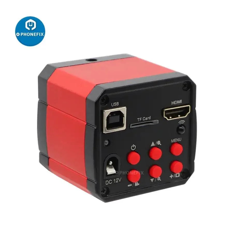 Full HD 2K HDMI USB digital industrial microscope camera by PHONEFIX, showing the compact device with lens and connection ports.