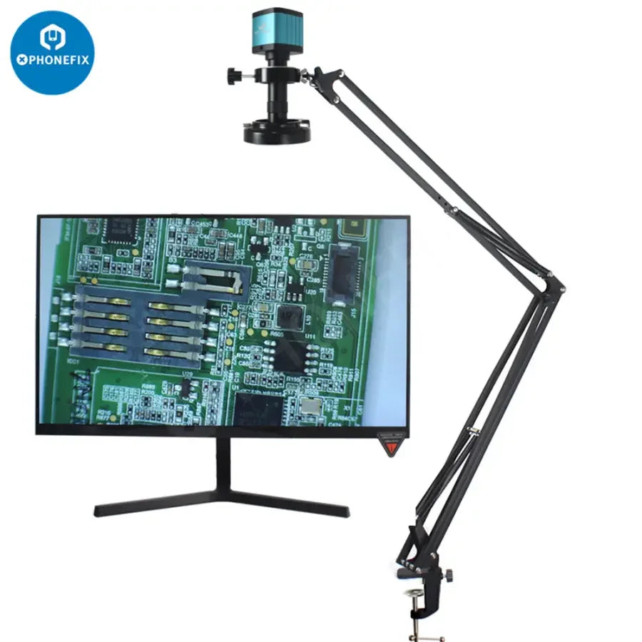 PHONEFIX 48MP 4K industrial digital microscope camera set with 130X zoom lens, showing detailed close-up of microscope imaging setup.