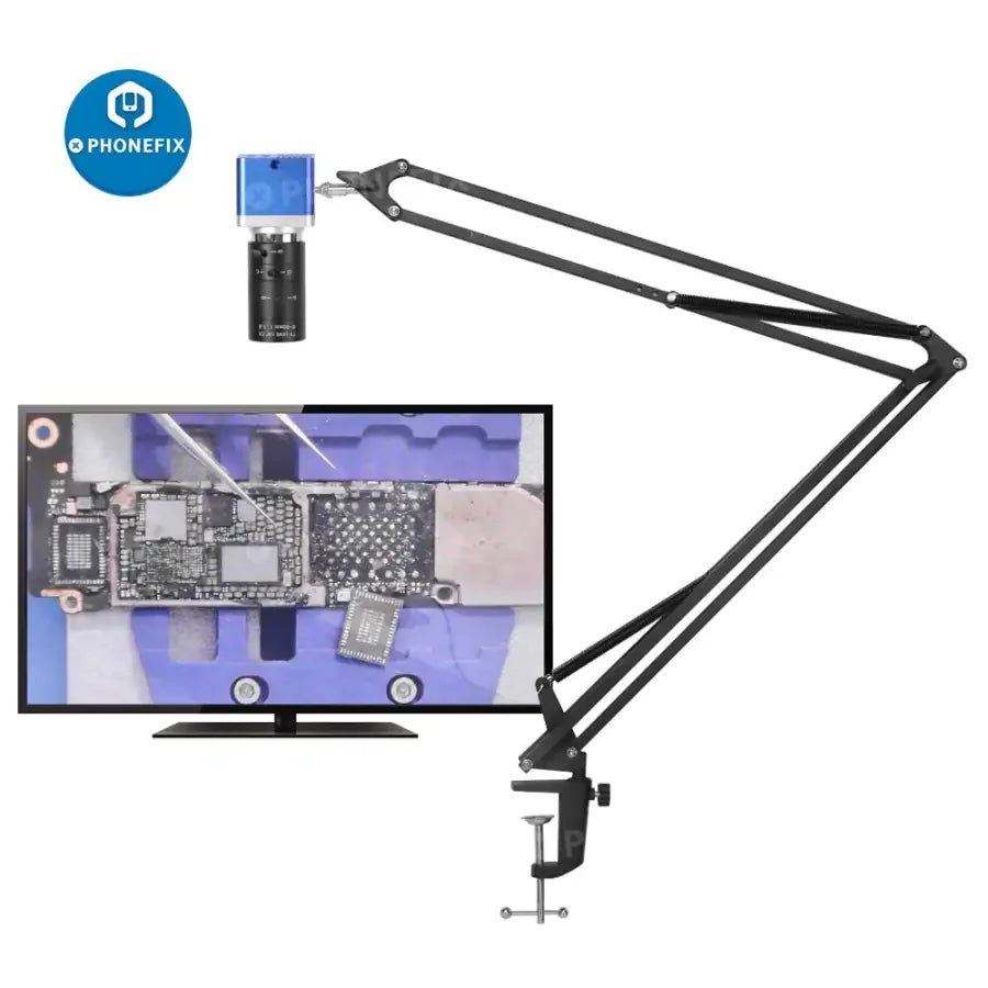 PHONEFIX 4K industrial microscope camera attached to cantilever universal bracket stand, showcasing detailed microscopic view.