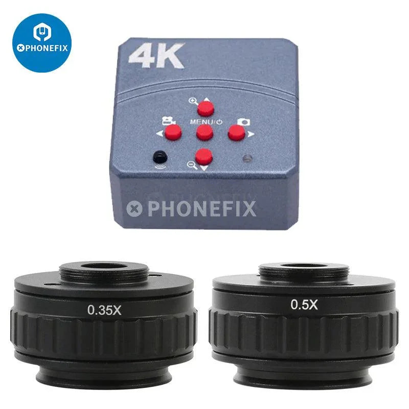 PHONEFIX 4K HDMI industrial microscope camera with 90x zoom, trinocular stereo setup, ideal for detailed video and repair inspections.