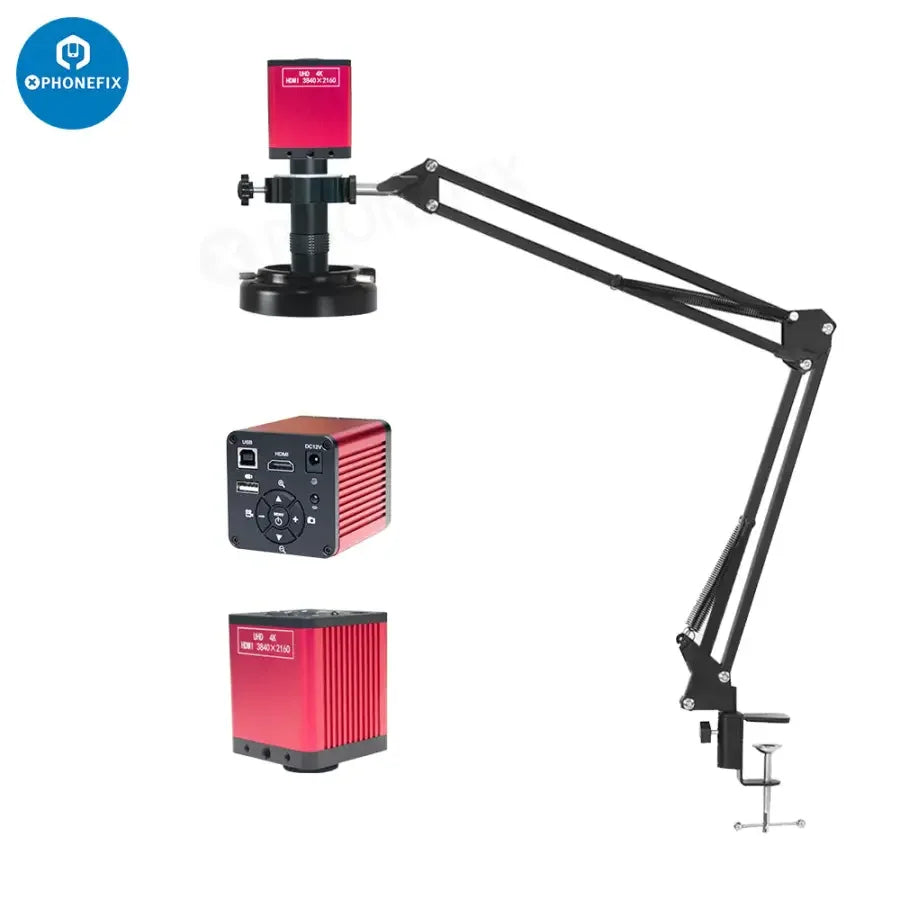 HDMI 48MP 4K USB microscope camera set with 130x lens and 56 LED lights, by PHONEFIX, showing close-up of microscope setup.