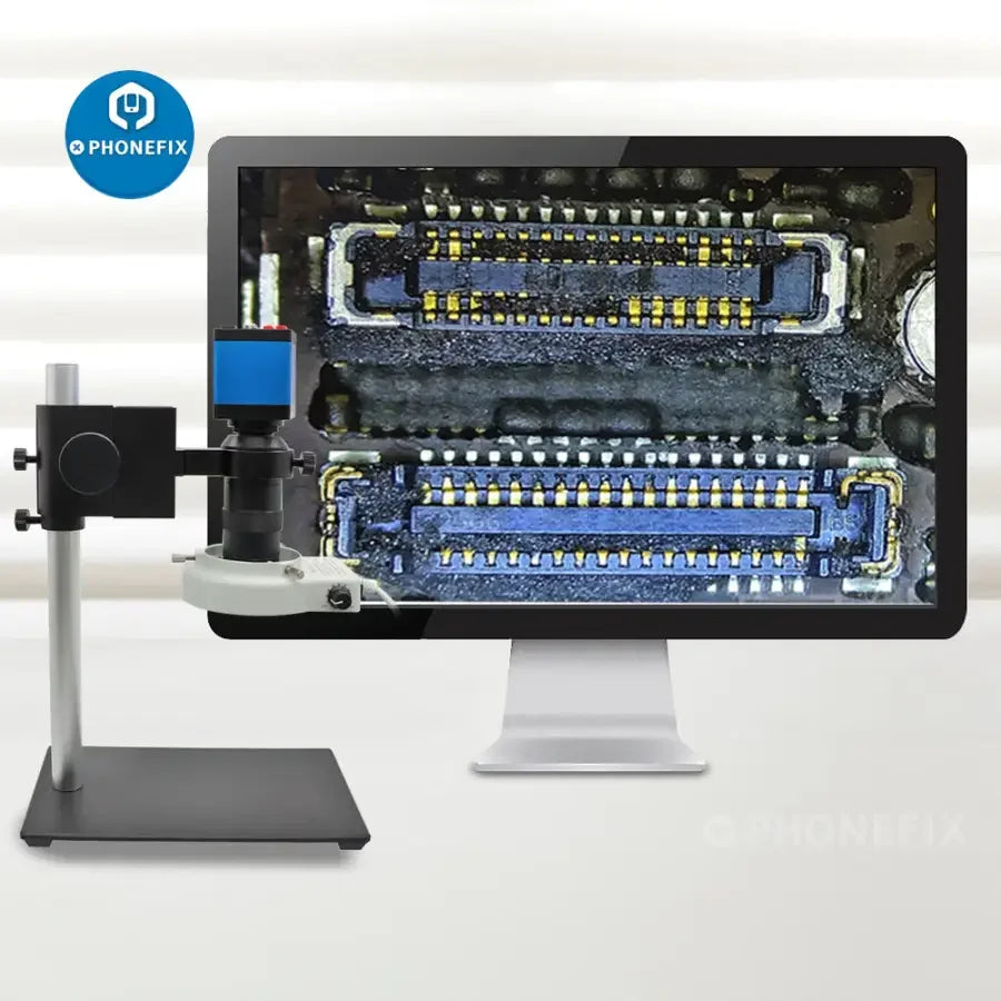PhoneFIX 13MP HDMI VGA industrial microscope camera with 130X lens and 40 LED lights, ideal for detailed microscopic imaging.