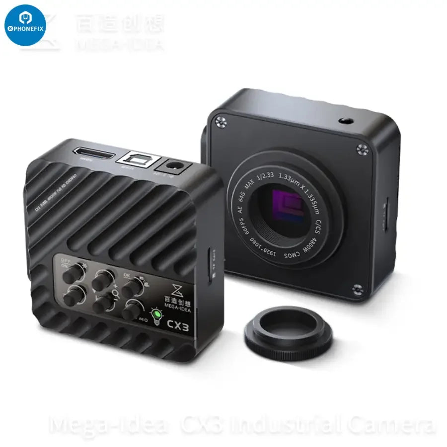 CX3 CX4 CMOS industrial microscope camera with 1080P resolution and 4800W image sensor by PHONEFIX, showing the camera body and lens.