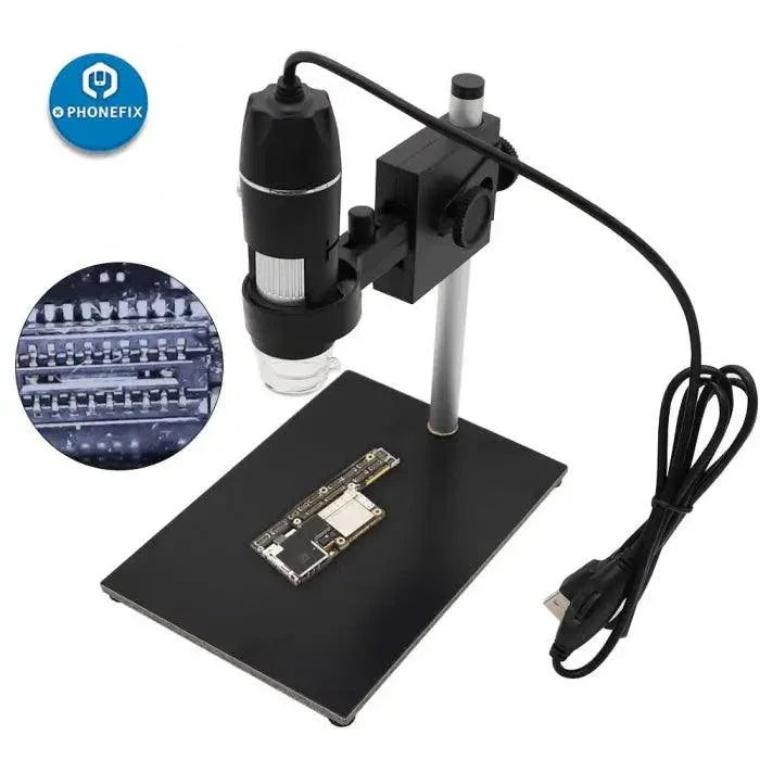 PHONEFIX 1000X USB LED digital microscope with adjustable stand for detailed close-up imaging and analysis.