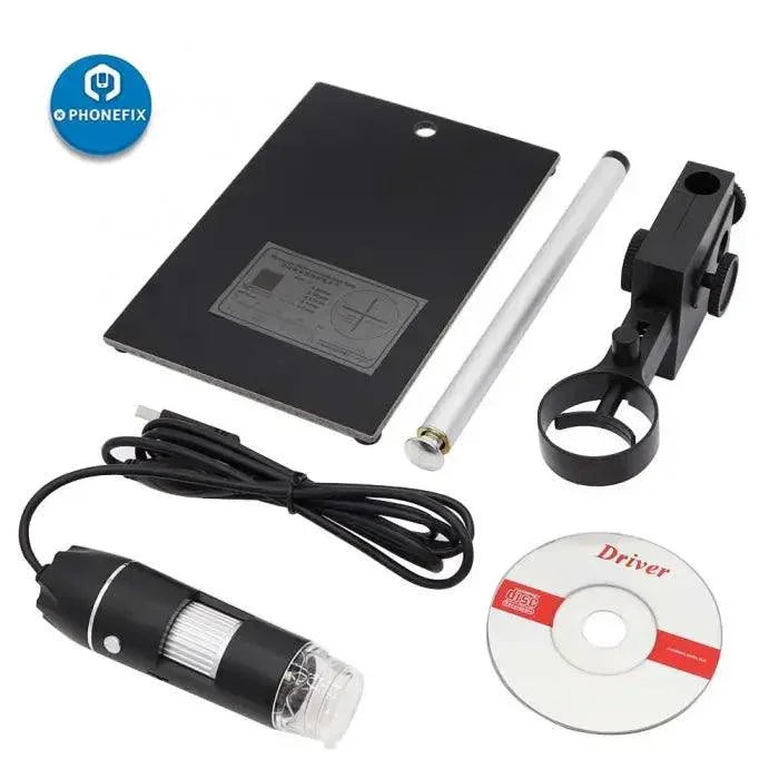 USB LED digital microscope with 1000x magnification and height adjustable stand, ideal for detailed close-up viewing from PHONEFIX.