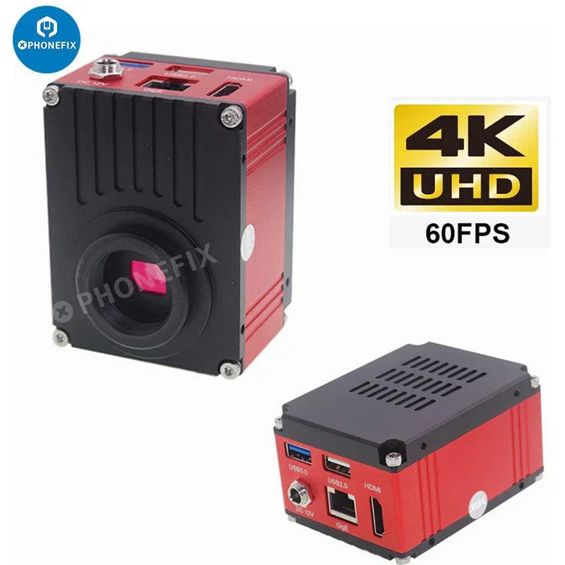 Phonefix 4K UHD HDMI industrial microscope digital camera showing detailed sample view for microscopy imaging.