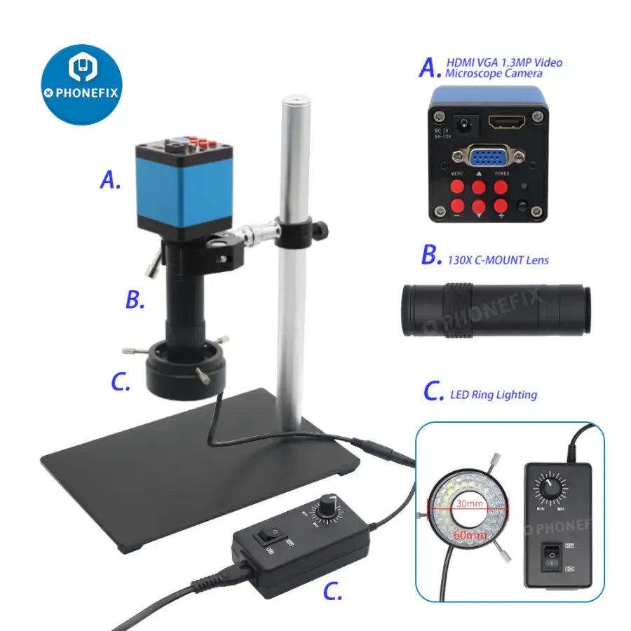 PhoneFix 360° rotatable microscope set with industrial camera, 130X lens, and super clamp for detailed microscopic imaging.