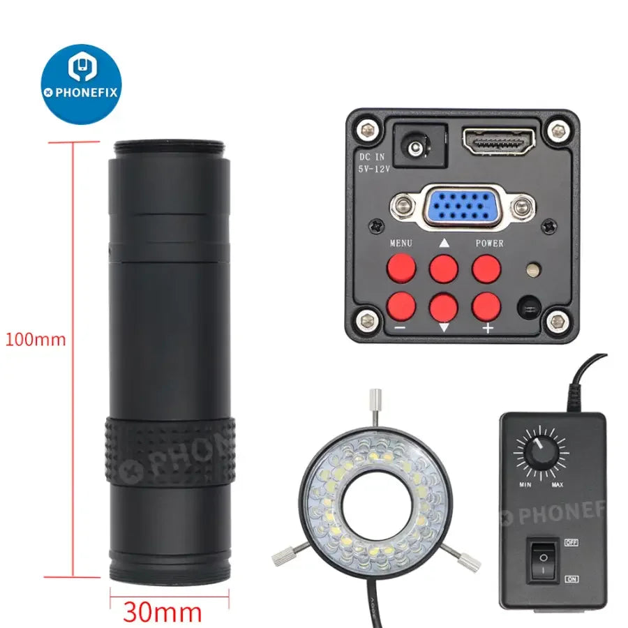 PhoneFix 360° rotatable microscope set with industrial camera, 130X lens and super clamp for detailed microscopic imaging.