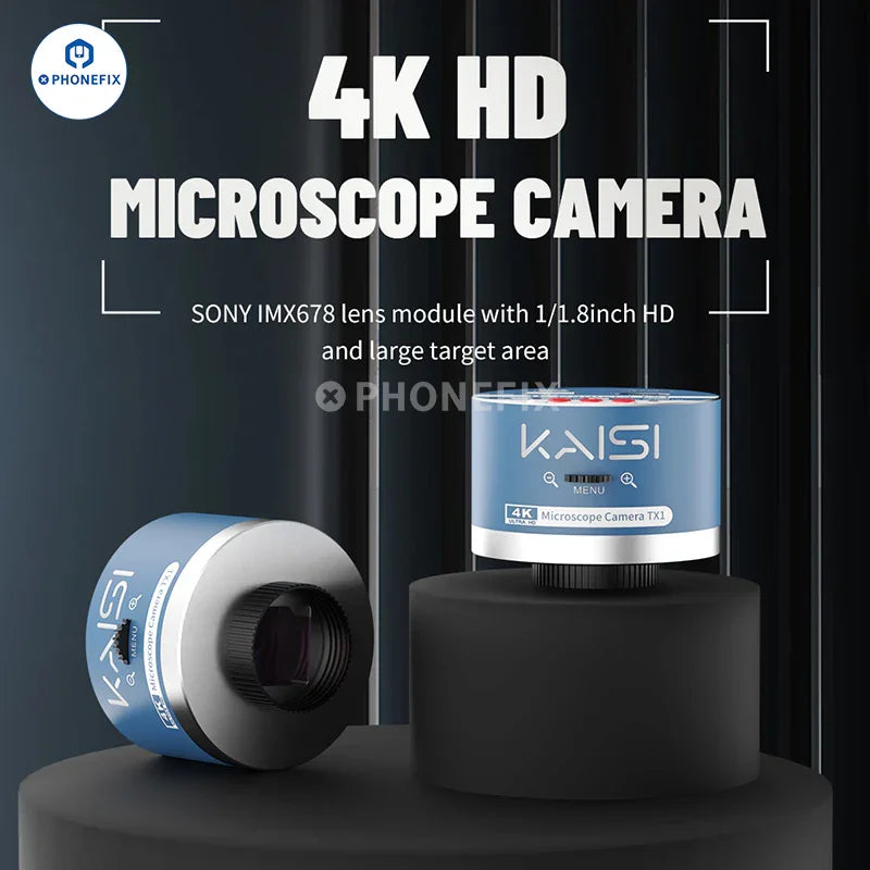 Kaisi TX1 4K HD dual interface industrial microscope camera with USB and HDMI ports, mounted on a microscope setup.