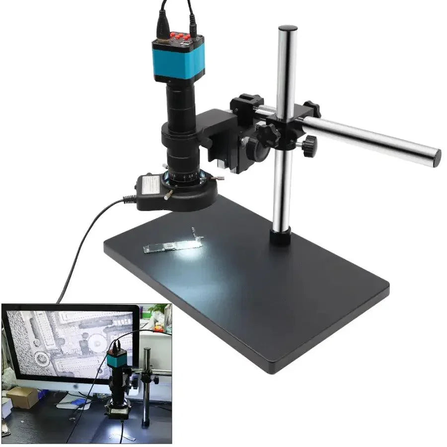 PhoneFIX 38MP HDMI USB digital video microscope camera for PCB soldering, showing close-up of circuit board with detailed components.