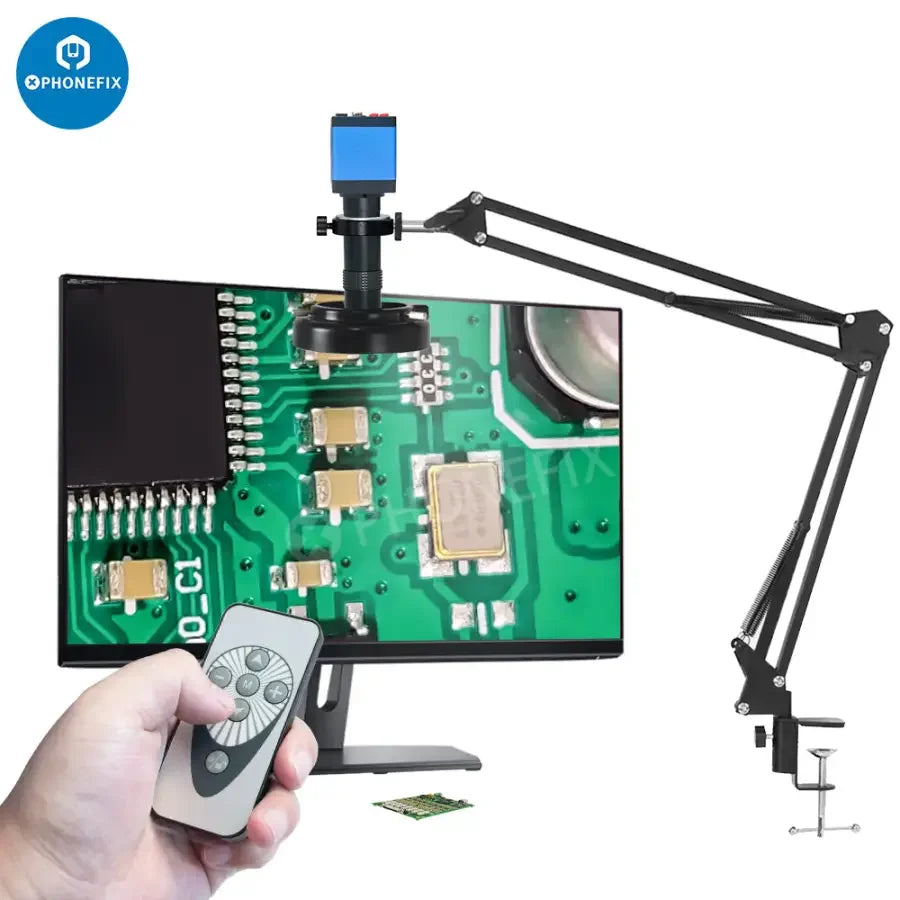 PhoneFIX 13MP industrial microscope camera set with HDMI, VGA, USB connections and 130X lens for detailed microscopic imaging.