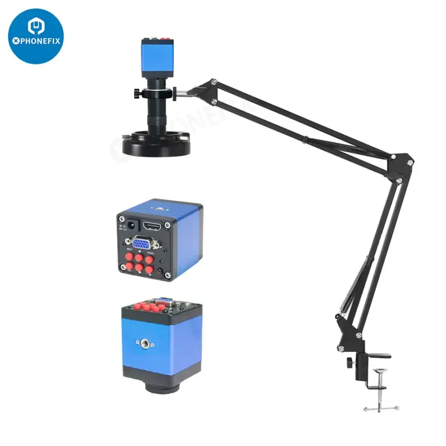 PHONEFIX 13MP industrial microscope camera set with HDMI, VGA, USB connections and 130X lens for detailed magnified imaging.