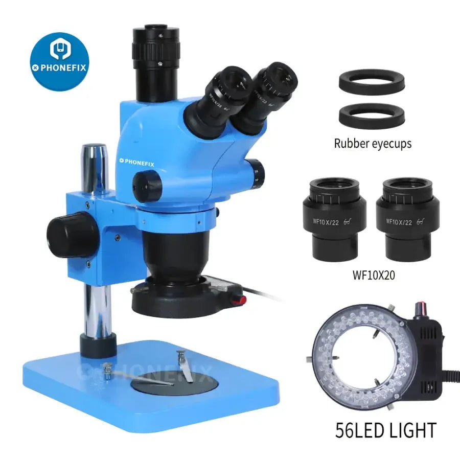 PHONEFIX 6.5X-65X trinocular stereo zoom microscope with 10X/20mm eyepiece, showing the detailed optical instrument with adjustable focus