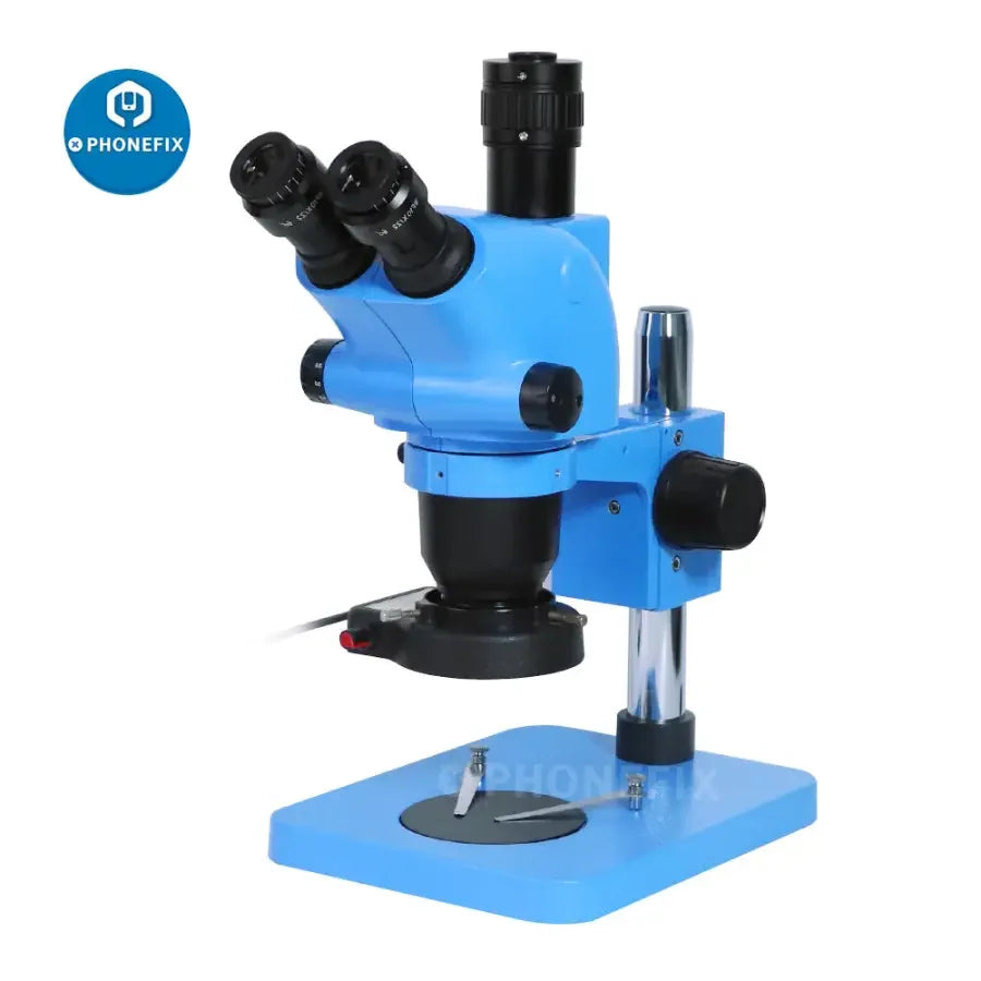 PHONEFIX 6.5X-65X trinocular stereo zoom microscope with 10X/20mm eyepiece, detailed close-up view of optical components.