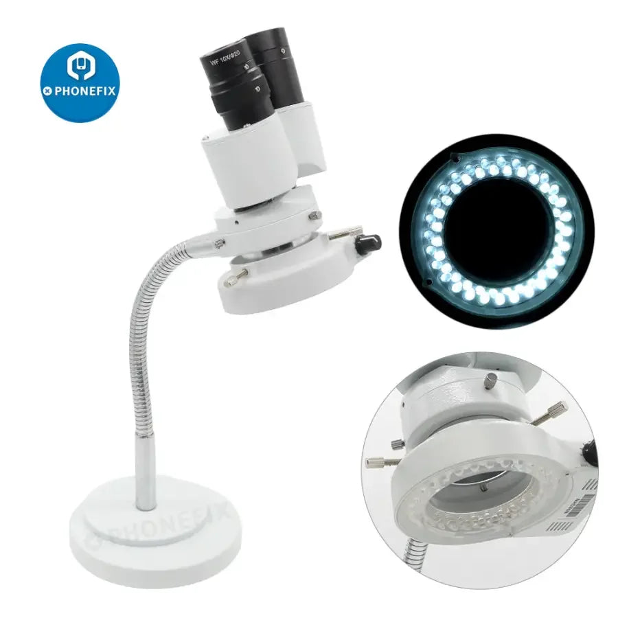 PhoneFix 8x dental stereo binocular microscope with LED light and adjustable hose for detailed dental examinations.
